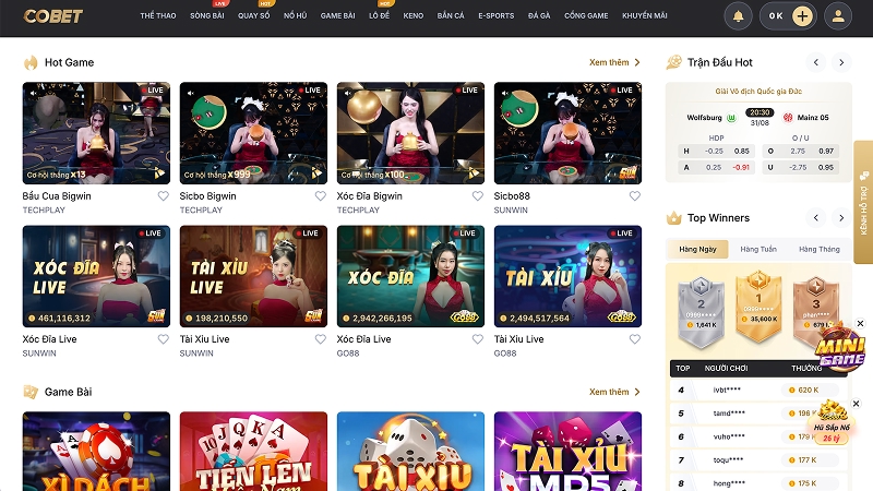 Giao diện COBET hiện đại với sảnh casino trực tuyến hấp dẫn